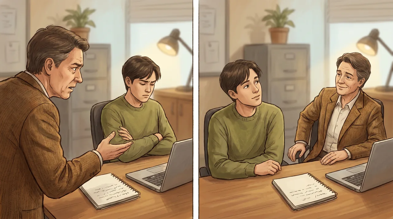 Left: a manager mid-feedback with an employee who looks defensive and crossed-arm. Right: the same two people, the employee nodding, the manager relaxed, it actually landed.