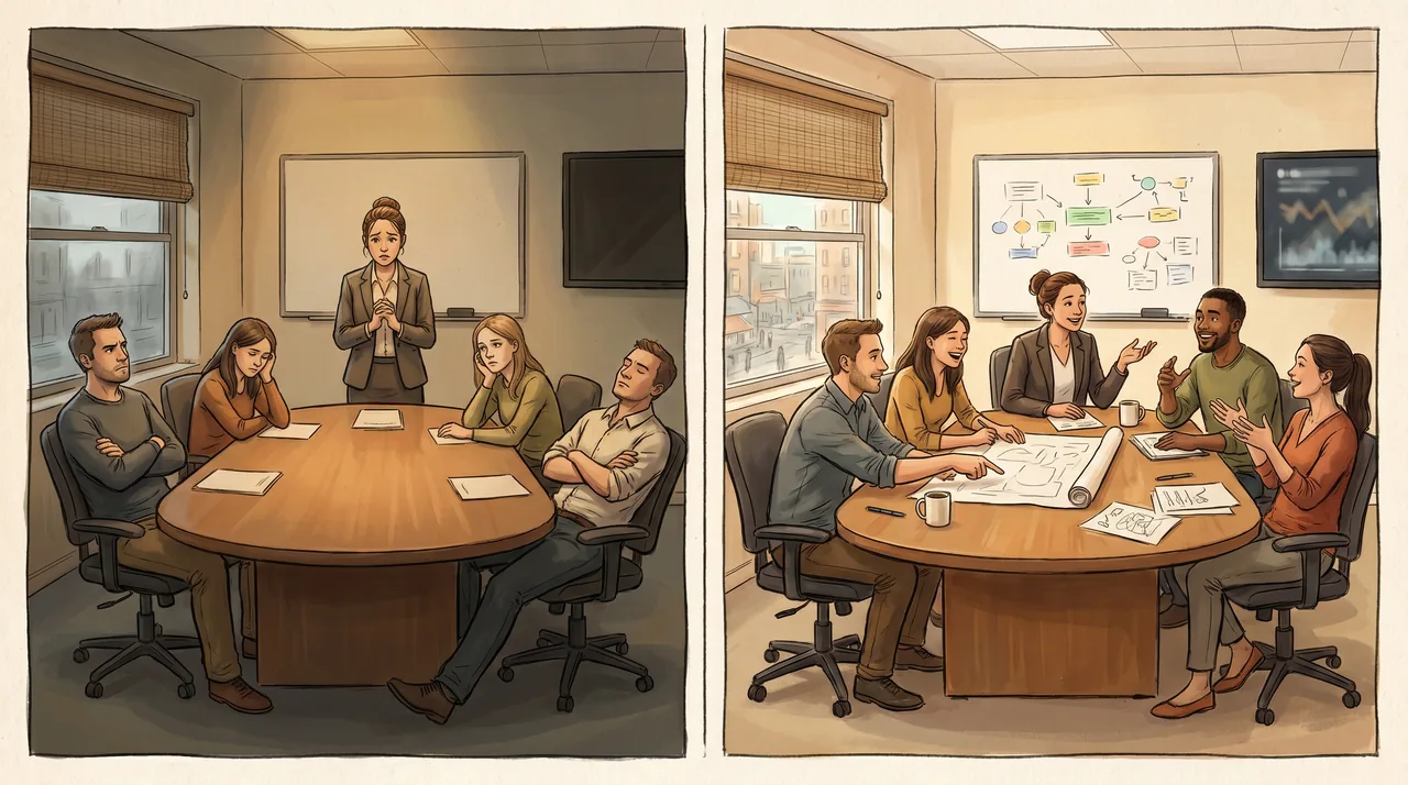 Left: a manager at the head of a quiet, tense first team meeting, no one engaging. Right: the same team a few weeks later, leaning in and talking, the manager at ease.